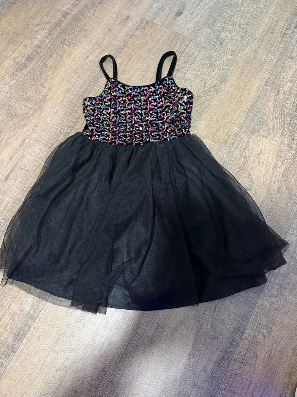 Girls' Black Tulle Dance Dress with Multicolor Sequin Bodice